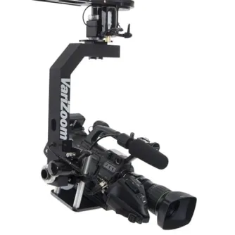 Varizoom VZMC100 motorized pan/tilt remote head mounted on a camera setup, demonstrating smooth 360-degree control for professional video production up to 25 lbs.