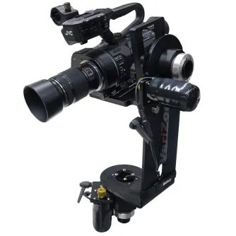 Varizoom VZMC50 remote pan/tilt head with professional camera mounted, side view of compact and durable aluminum construction for jibs and cranes