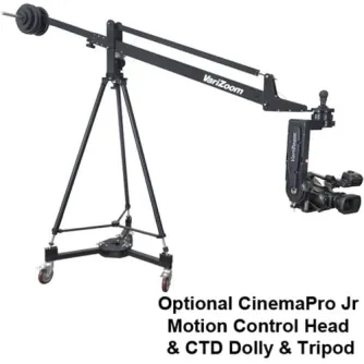 VariZoom QuickJib2 camera crane with telescoping counterweight arm and optional CinemaPro Jr motion control head on CTD dolly for smooth elevated film shots