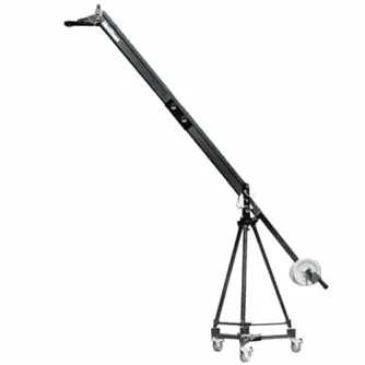 Varizoom VZQUICKJIB2KIT professional camera crane with extended jib arm, TCR100 tripod, and DCR150 dolly for smooth tracking shots up to 13 ft height
