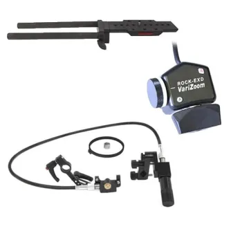 Varizoom VZSROCKEXD-R professional dual-handle remote zoom and focus control kit for Sony cameras, featuring a pressure-sensitive rocker, speed dial, and manual focus handle.