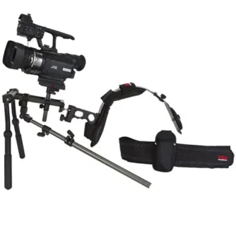 Varizoom VZSTINGRAY StingRay shoulder support system with DSLR camera, adjustable dual handles, counterweighted shoulder brace, and chest strap for versatile handheld shooting