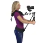 Varizoom VZSTINGRAY shoulder support system with DSLR camera in 4-point configuration, featuring dual ergonomic handles and counterbalanced shoulder brace for professional handheld shooting