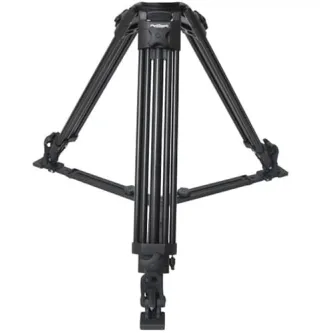 Varizoom VZT100A aluminum video tripod with 100mm bowl and floor spreader – top-down view of fully extended legs for camera stability up to 15 lbs