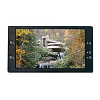 Varizoom VZTFT7 7-inch LCD video monitor with vivid display showcasing a scenic landscape of a wooden structure over a waterfall surrounded by autumn foliage, ideal for on-camera or field monitoring with NTSC/PAL compatibility.
