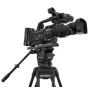 Профессиональный видеостатив Varizoom VZTK100A с жидкостной головкой FH100 и телескопической ручкой панорамирования, вид сбоку на алюминиевые ножки, раздвижную базу и быстросъемную пластину для камер до 15 фунтов