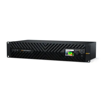 Blackmagic Design ATEM 4 M/E Constellation IP live production switcher featuring a sleek black design, front LCD screen for camera preview and audio waveform, control panel with menu and set buttons, headphone jack, and built-in