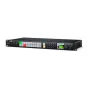Blackmagic Design ATEM Monitoring Rack Panel 20 featuring 20 illuminated buttons, an LCD screen displaying a waveform monitor for 'Camera 1', control knobs, and ports for HDMI, SDI, Ethernet, and talkback connections in a black 