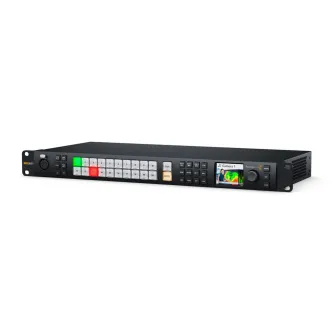 Blackmagic Design ATEM Monitoring Rack Panel 20 featuring 20 illuminated buttons, an LCD screen displaying a waveform monitor for 'Camera 1', control knobs, and ports for HDMI, SDI, Ethernet, and talkback connections in a black 