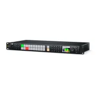 Blackmagic Design ATEM Monitoring Rack Panel 20 featuring 20 illuminated buttons, an LCD screen displaying a waveform monitor for 'Camera 1', control knobs, and ports for HDMI, SDI, Ethernet, and talkback connections in a black Blackmagic Design ATEM Monitoring Rack Panel 20 featuring 20 illuminated buttons, an LCD screen displaying a waveform monitor for 'Camera 1', control knobs, and ports for HDMI, SDI, Ethernet, and talkback connections in a black 
