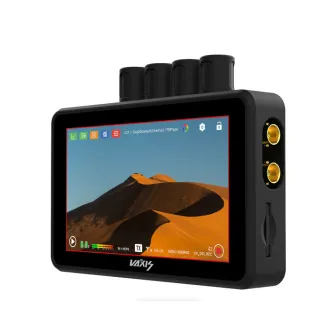 Vaxis ATOM A5 bezvadu 5.5 collu SDI/HDMI monitors ar 1080p skārienekrānu, kas rāda tiešraides video plūsmu un vadības elementus profesionālai video uzraudzībai