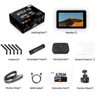 Vaxis Atom A5 bezvadu profesionālā video monitora komplekts ar diviem 5,5 collu Super Retina ekrāniem, antennām, nesēju un papildinājumiem filmēšanai un tiešraides pārraidei