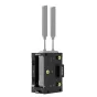 Vaxis VS23-TX-AB dual-voltage wireless transmitter cradle with two D-Tap ports for 14.4V and 28V power inputs, quick-release plate for Vaxis and Teradek transmitters, front view