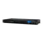 Blackmagic Design Ethernet Switch 820 front panel with 100G and 10G ports for SMPTE-2110 IP video routing, featuring an intuitive LCD display and menu controls