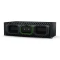 Blackmagic Design Media Dock Ultra front view featuring a sleek black design, three slots for Blackmagic Media Modules, and illuminated status indicators, including a highlighted green middle slot.