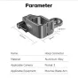 MOVMAX Blade Arm Hoop Connector in gray aluminum alloy with thumbscrew lock for secure vehicle mounting, featuring precise dimensions (53.2 mm length, 34 mm width, 23.9 mm height) and a technical drawing with labeled specificati