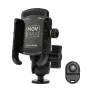 MOVMAX Blade Arm smartphone clamp holder with 1/4-20 ball head and silicone padding for secure 2.4-3.5 inch phone mounting, includes Bluetooth remote control for hands-free filming in vehicles