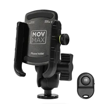 MOVMAX Blade Arm telefona turētājs ar 1/4-20 lodes galvu un silikona ielikni, piemērots 60-89 mm ierīcēm, komplektā ar Bluetooth tālvadības pulti brīvām rokām filmēšanai automašīnās