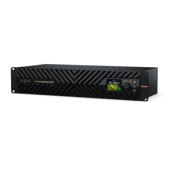 Blackmagic Design StudioBridge 10G PWR device with front panel featuring 8x 10G Ethernet ports, PoE++ power delivery, and redundant 100G Ethernet connectivity for SMPTE-2110 IP video systems