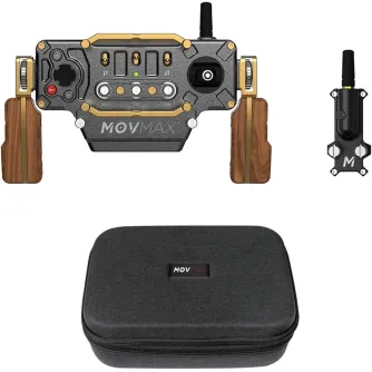 Vaxis Movmax INCONTROL wireless gimbal controller kit with carbon fiber joysticks, wooden grips, receiver, and protective zippered case