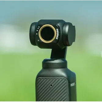 Набор нейтрально-серых фильтров Vaxis Movmax для DJI Pocket 3 с магнитным ND8 фильтром, подчеркивающим круглый дизайн и быструю смену для кинематографической съемки на открытом воздухе.