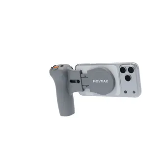 Vaxis MOVMAX Pocket Controller attached to a smartphone, featuring an ergonomic grip, Hall Effect joystick, and tactile buttons for wireless remote camera control.