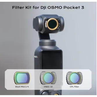 Магнитный набор фильтров Vaxis Movmax для DJI OSMO Pocket 3 с фильтрами VND2-32, CPL и Black Mist 1/4, расположенными на объективе и в упаковке