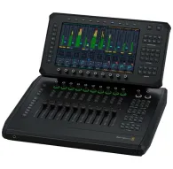 Blackmagic Design Fairlight Live Audio Panel 10 with open lid showing front view, featuring 10 motorized faders, touchscreen control interface, and professional audio mixing controlsBlackmagic Design Fairlight Live Audio Panel 10 with open lid showing front view, featuring 10 motorized faders, touchscreen control interface, and professional audio mixing controls