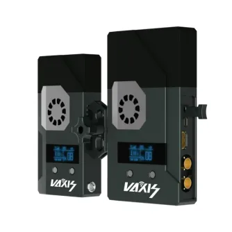 Комплект беспроводной видеопередачи Vaxis STORM 1000S с поддержкой 1080p HDMI/SDI, демонстрирующий вид спереди и сзади с LCD-дисплеями, вентиляторами и портами подключения для профессиональной видеотрансляции на расстояние до 35