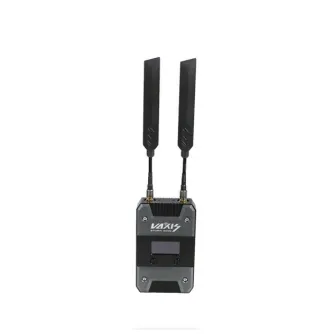 Беспроводной видеопередатчик Vaxis STORM 3000 TX с двумя плоскими антеннами, вид спереди, с OLED-дисплеем и металлическим корпусом для профессиональных вещаний и кинопроизводства