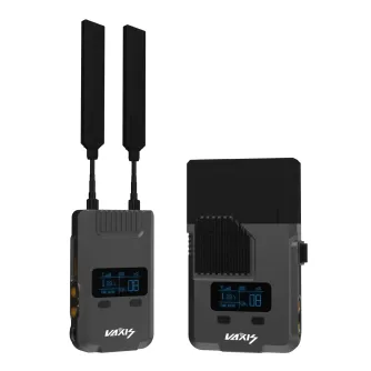 Vaxis STORM 800 bezlatences bezvadu HDMI/SDI video pārraidītāji ar divām antenām, redzami priekšējais un aizmugurējais skats, 1080p HD nekomprimētās raidīšanas saskarne.
