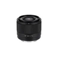 Viltrox AF 25mm F1.7 E lens for Sony E-mount with lotus-shaped hood, front view showcasing large aperture and lightweight designViltrox AF 25mm F1.7 E lens for Sony E-mount with lotus-shaped hood, front view showcasing large aperture and lightweight design