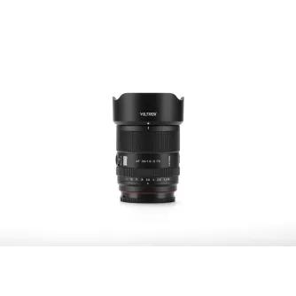 Viltrox AF 35mm F1.8 II FE lens for Sony E-mount cameras with black hood attached, showcasing front and side view with aperture and focus rings