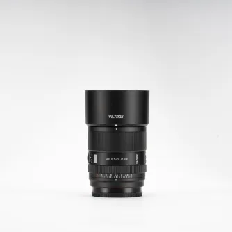 Viltrox AF 85mm f/2.0 FE full-frame lens for Sony E-mount with attached lens hood, showcasing front view and aperture ring details