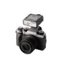 Fujifilm X-T5 camera with Viltrox Spark Z3-F green TTL flash mounted on hot shoe, showcasing compact flash design and transparent capacitor window
