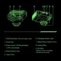 Viltrox Spark Z3-F zaļā TTL blakšņa Fujifilm kamerām ar detalizētām priekšējām un aizmugurējām diagrammām, kas izceļ galvenās iezīmes un komponentus