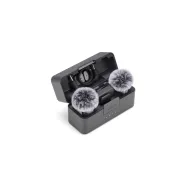 DJI Mic Mini 2 wireless microphone system charging case with two transmitters and furry windscreens open and ready for useDJI Mic Mini 2 wireless microphone system charging case with two transmitters and furry windscreens open and ready for use