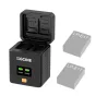 ZGCINE charging case for Canon LP-E17 batteries with open lid showing dual battery slots, OLED screen displaying voltage levels, and compartments for memory cards.