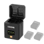 ZGCINE GoPro 13 charging case with OLED screen, open lid view showing three battery slots and card storage for SD/TF cards