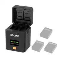ZGCINE GoPro 13 lādēšanas korpuss ar OLED ekrānu, atvērtā vāka skats, kur redzamas trīs bateriju vietas un SD/TF karšu glabātavaZGCINE GoPro 13 lādēšanas korpuss ar OLED ekrānu, atvērtā vāka skats, kur redzamas trīs bateriju vietas un SD/TF karšu glabātava