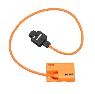 ZGCINE DT-LPE6P dummy battery cable with an orange braided outer sheath, featuring a black D-Tap male connector with an anti-reverse indicator light and an orange connector, designed for Canon cameras.ZGCINE DT-LPE6P dummy battery cable with an orange braided outer sheath, featuring a black D-Tap male connector with an anti-reverse indicator light and an orange connector, designed for Canon cameras.