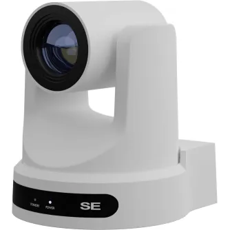 PTZOptics PT20X-SE-WH-G3 professional PTZ camera with 20x optical zoom, 1080p at 60 fps, sleek white design, HDMI/SDI/USB outputs, front and side view