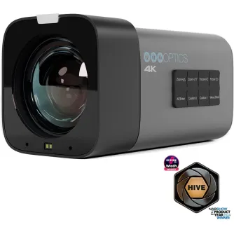Профессиональная бокс-камера PTZOptics Studio 4K 12X с большим объективом и панелью управления, демонстрирующая награжденный дизайн с значками 'Лучший продукт выставки' и 'Продукт года NAB Show 2024'.