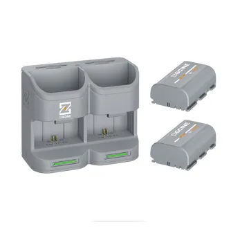 ZGCINE PC2-LPE6P dual-slot camera battery charger case with 2x 2600mAh LP-E6P gray batteries, front and side view showing charging ports and compact design