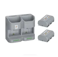 Зарядный кейс ZGCINE PC2-LPE6P для двух аккумуляторов LP-E6P 2600mAh (серый цвет) с видом спереди и сбоку, показаны два аккумулятора отдельно, компактный кейс для зарядки камерЗарядный кейс ZGCINE PC2-LPE6P для двух аккумуляторов LP-E6P 2600mAh (серый цвет) с видом спереди и сбоку, показаны два аккумулятора отдельно, компактный кейс для зарядки камер