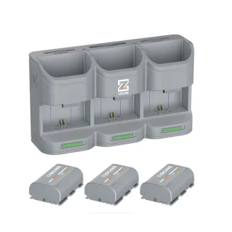 ZGCINE PC3-LPE6P 3-slot LP-E6P camera battery charging case with green power indicators, compact gray design for Canon, Blackmagic, and Z CAM cameras, including three 2600mAh LP-E6P batteries shown separately
