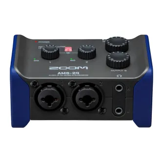 Zoom AMS-24 audio interface front view with two XLR/TRS combo inputs, two headphone outputs, and Music/Streaming mode switch for easy recording and live streaming.