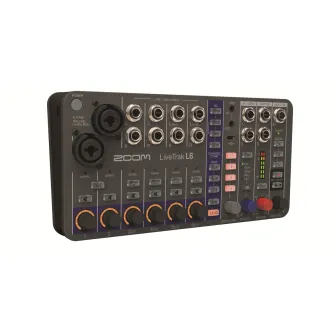 Zoom LiveTrak L6 10-track digital mixer/recorder with XLR/TRS inputs, MIDI controls, sound pads, and effects for live performances and studio recording