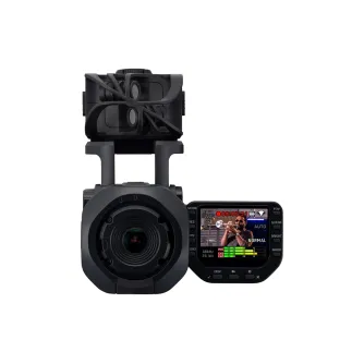 Zoom Q8n-4K portable 4K video recorder with wide-angle lens and live recording interface on rotating LCD screen