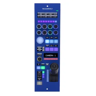 Skaarhoj RCPv2 Joystick camera control unit with Blue Pill Inside technology, featuring a joystick, OLED displays, and customizable encoders for multicamera setups.